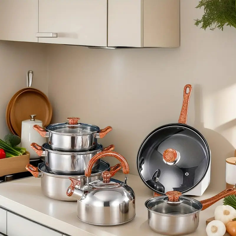 Set de Ollas Premium de Acero Inoxidable con Mangos de Madera