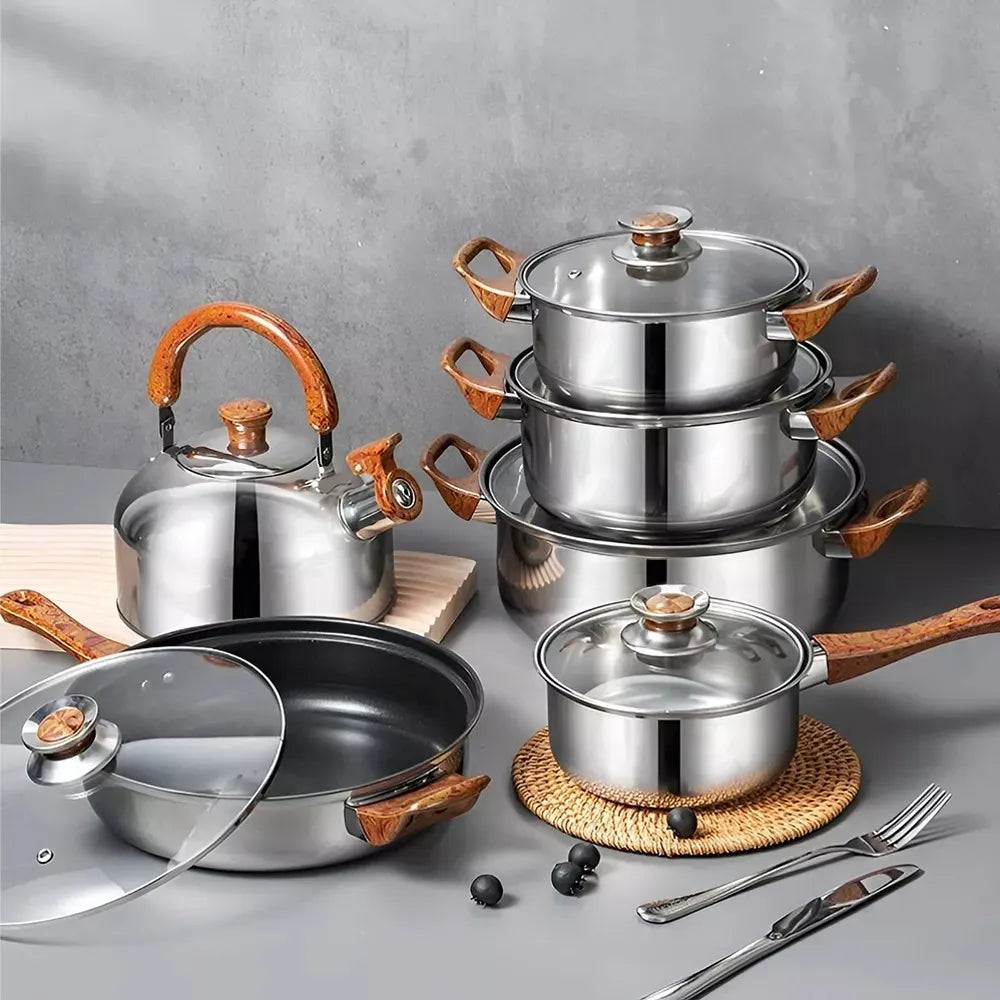 Set de Ollas Premium de Acero Inoxidable con Mangos de Madera