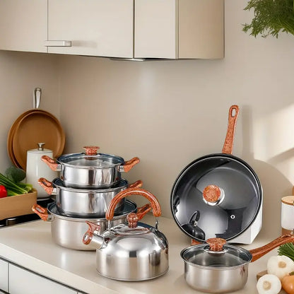 Set de Ollas Premium de Acero Inoxidable con Mangos de Madera
