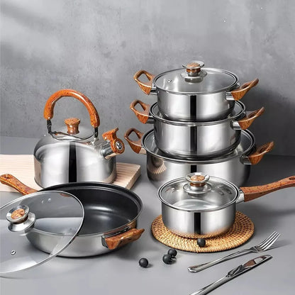 Set de Ollas Premium de Acero Inoxidable con Mangos de Madera