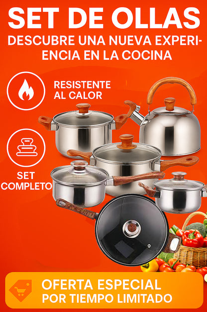 Set de Ollas Premium de Acero Inoxidable con Mangos de Madera