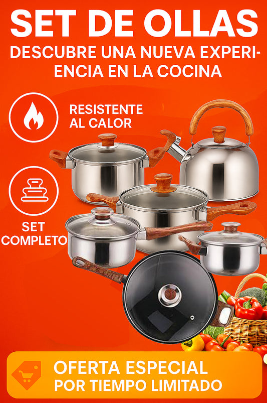 Set de Ollas Premium de Acero Inoxidable con Mangos de Madera